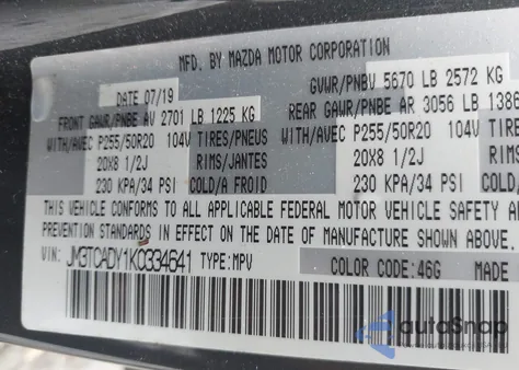 2019 Mazda Cx-9 Grand Touring z USA, uszkodzony, nr VIN JM3TCADY1K0334641